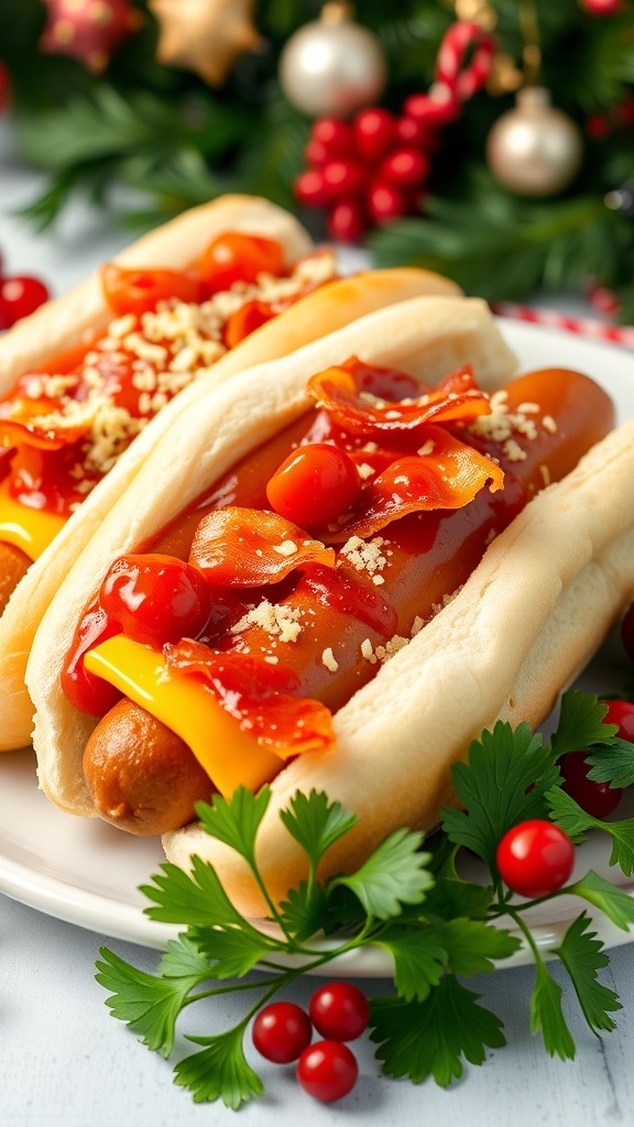 Christmas hot dogs topped with cranberry sauce, cream cheese, and bacon on a festive plate.